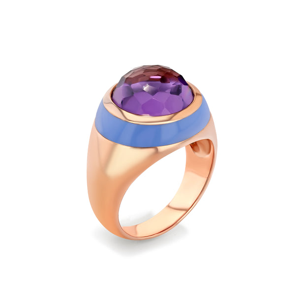 Cotton Candy Enamel Ring with Cabochon Amethyst in Rose Gold