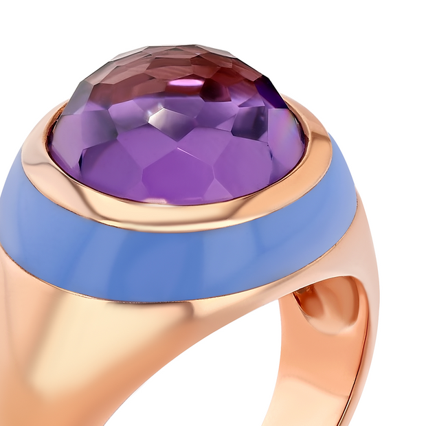 Cotton Candy Enamel Ring with Cabochon Amethyst in Rose Gold