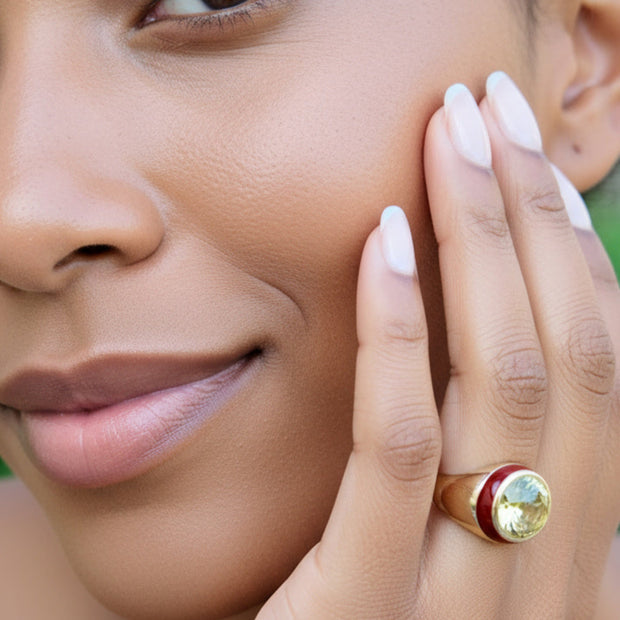 Billie Enamel Ring with Cabochon Citrine in Gold - Size 8 left