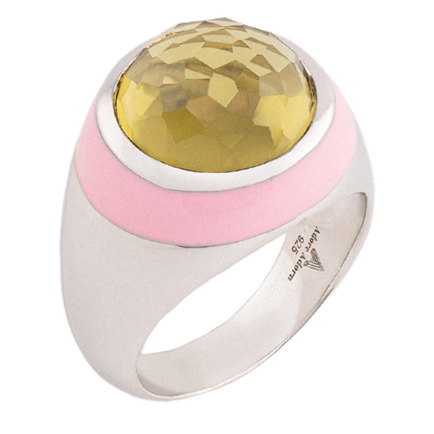 Bubblegum Enamel Ring with Cabochon Olive Quartz in Rhodium