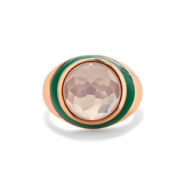 Sea of Roses Enamel Ring with Cabochon Rose Quartz in Rose Gold