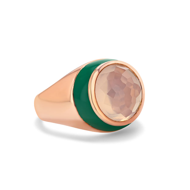 Sea of Roses Enamel Ring with Cabochon Rose Quartz in Rose Gold