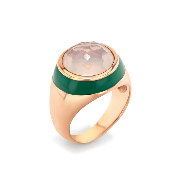 Sea of Roses Enamel Ring with Cabochon Rose Quartz in Rose Gold