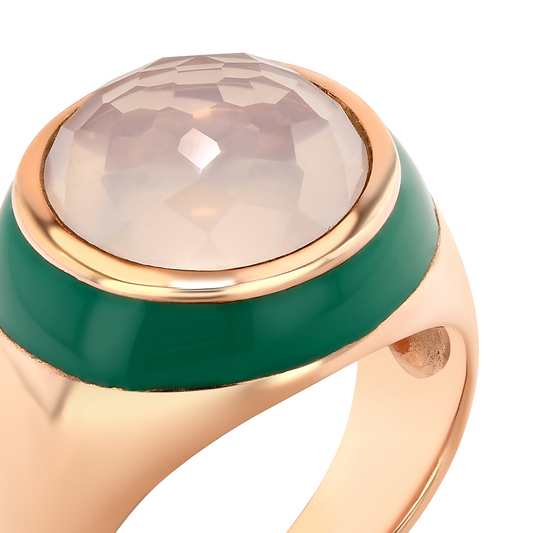 Sea of Roses Enamel Ring | Cabochon Rose Quartz, Rose Gold