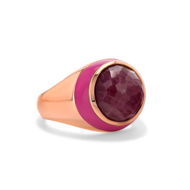 Rouge Enamel Ring with Cabochon Opaque Ruby in Rose Gold