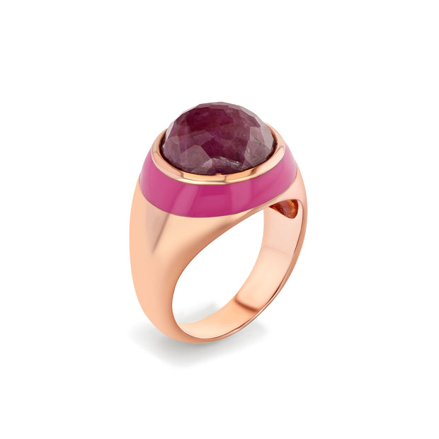 Rouge Enamel Ring with Cabochon Opaque Ruby in Rose Gold