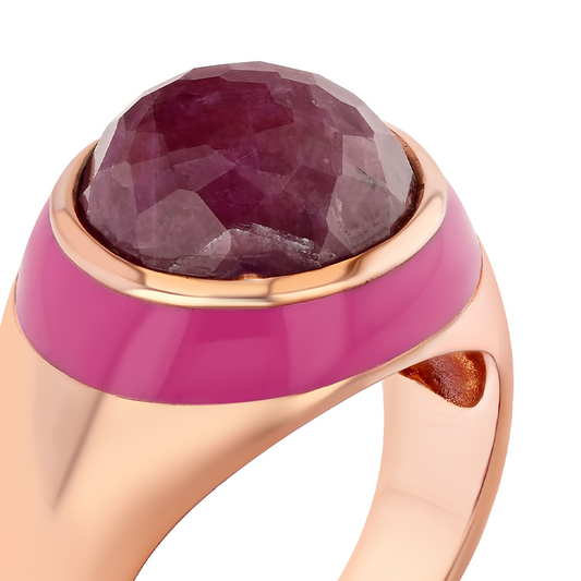 Rouge Enamel Ring with Cabochon Opaque Ruby in Rose Gold