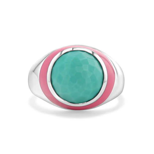 Ocean's Wave Enamel Ring with Cabochon Turquoise in Rhodium