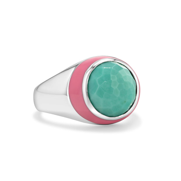 Ocean's Wave Enamel Ring with Cabochon Turquoise in Rhodium