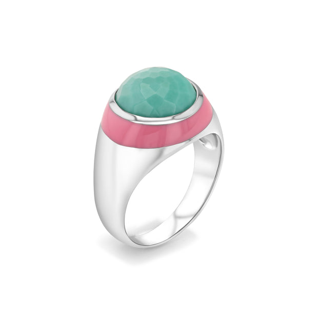 Ocean's Wave Enamel Ring with Cabochon Turquoise in Rhodium