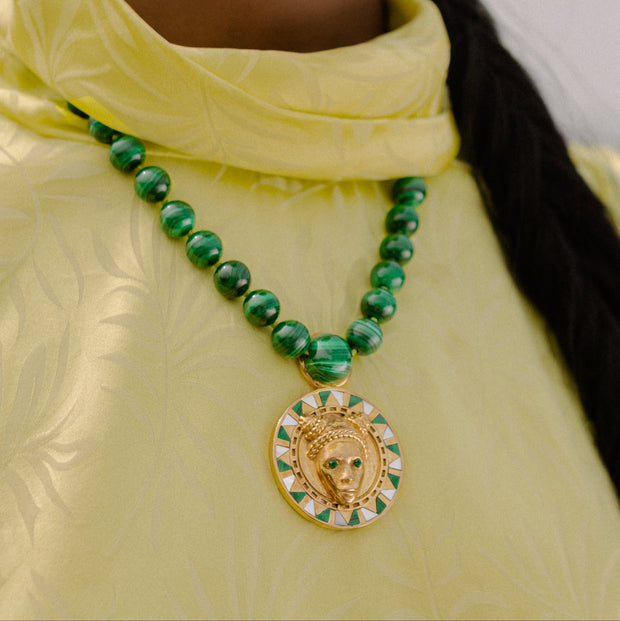 Reava Pendant in 14K Gold with Mother of Pearl & Malachite