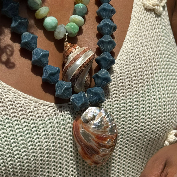 Summer Blues Necklace with Trumpet Shell & Blue Opal Faceted Bead Rondelles