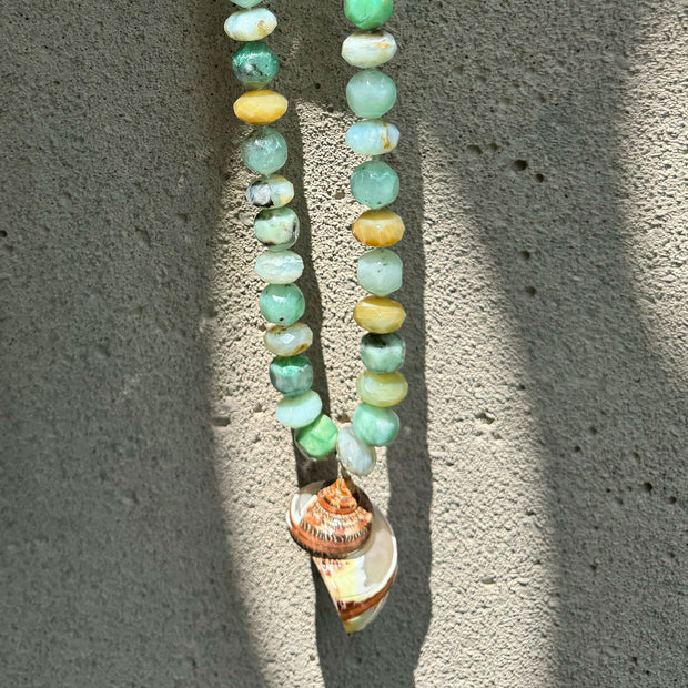Summer Blues Necklace with Trumpet Shell & Blue Opal Faceted Bead Rondelles
