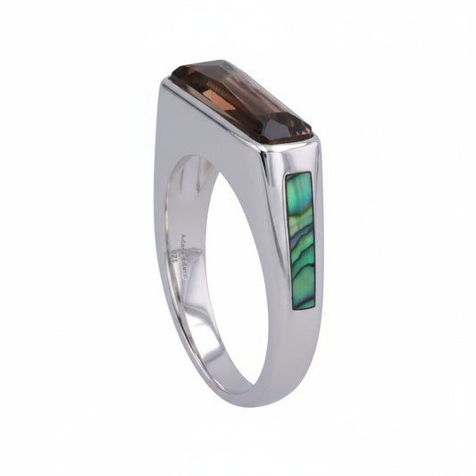 Excellence Side Band Ring with Smokey Quartz + Black Mother of Pearl in Rhodium