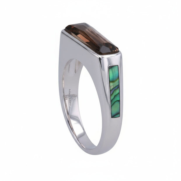 Excellence Side Band Ring with Smokey Quartz + Black Mother of Pearl in Rhodium