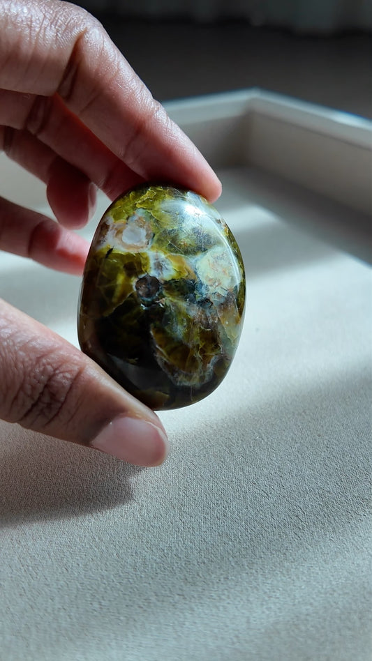 A hand holding a polished, oval-shaped stone with green, yellow, and dark brown marbled patterns, set against a neutral light gray background.