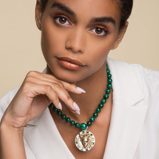 Reava Pendant in 14K Gold with Mother of Pearl & Malachite