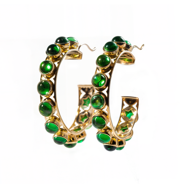 Shari Hoops in Gold with Emerald Green Cabochon