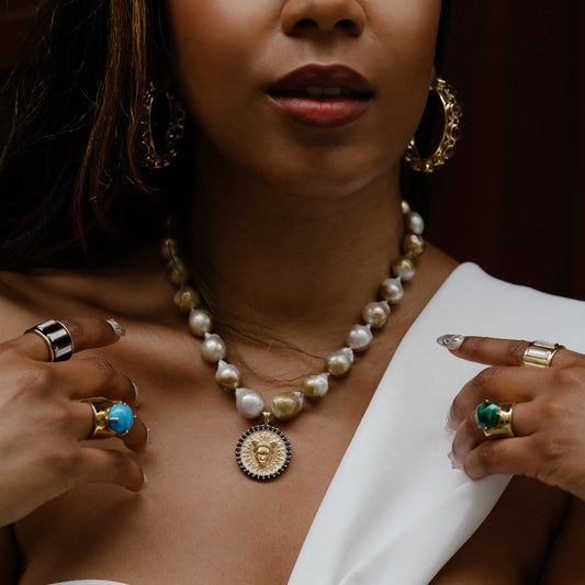 Reava Coin Necklace | Natural Blue Sapphire and Baroque Pearl
