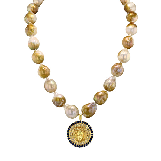 Reava Coin Necklace | Natural Blue Sapphire and Baroque Pearl