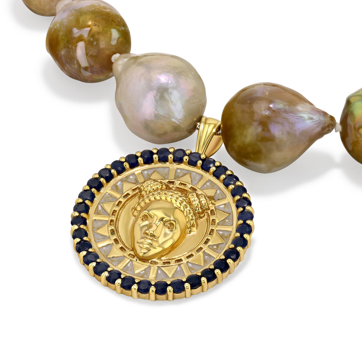 Reava Coin Necklace | Natural Blue Sapphire and Baroque Pearl