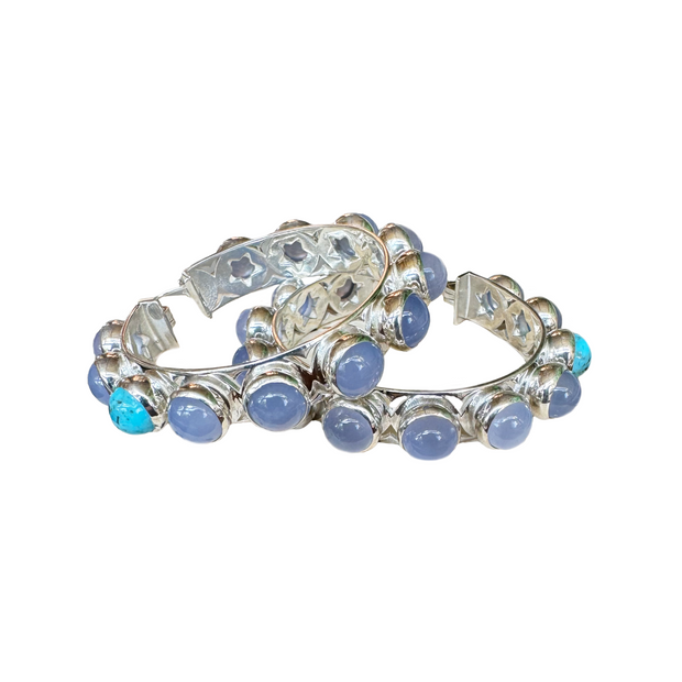 Shari Hoops White Rhodium with Chalcedony and Turquoise