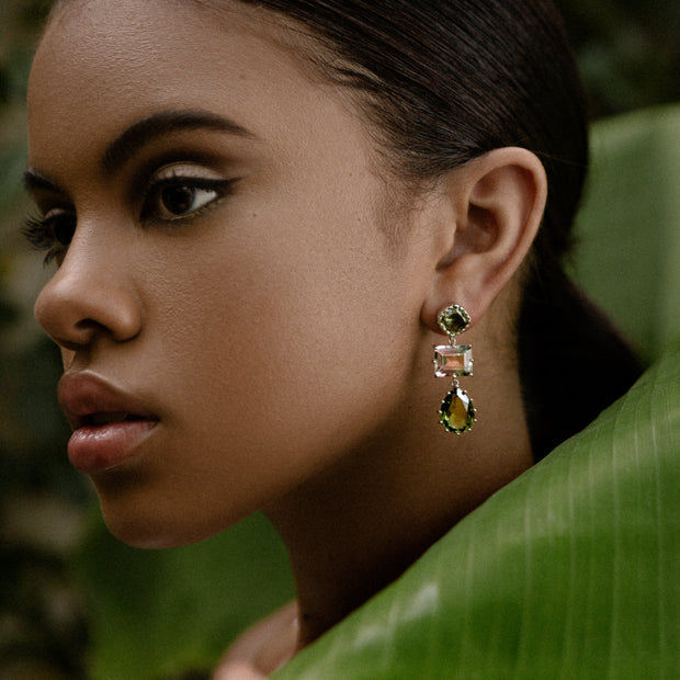 Dawn 3 Drop Gemstone Earrings in Rhodium