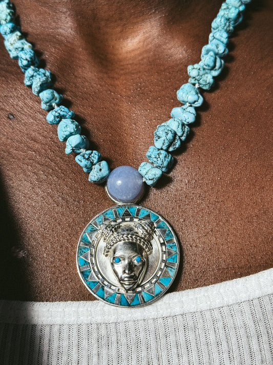 Reava Full Pendant | Goddess Mask, Turquoise & Chalcedony