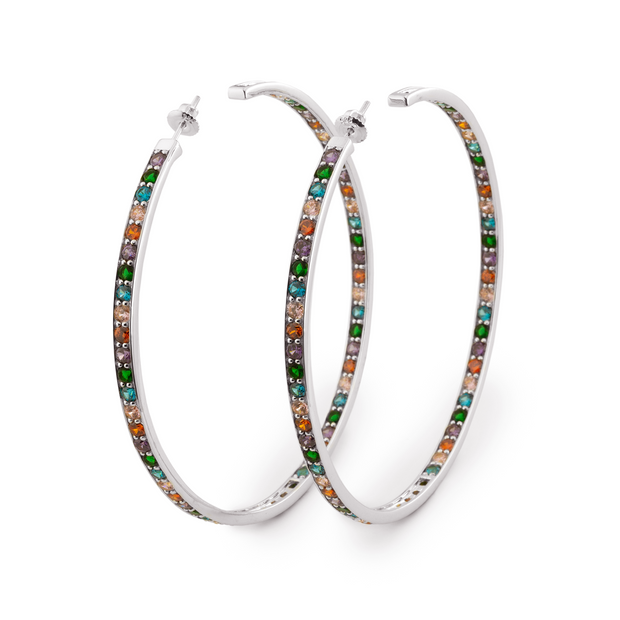 Large 80mm Lucky Hoops in White Rhodium with Multi-Color Gemstones
