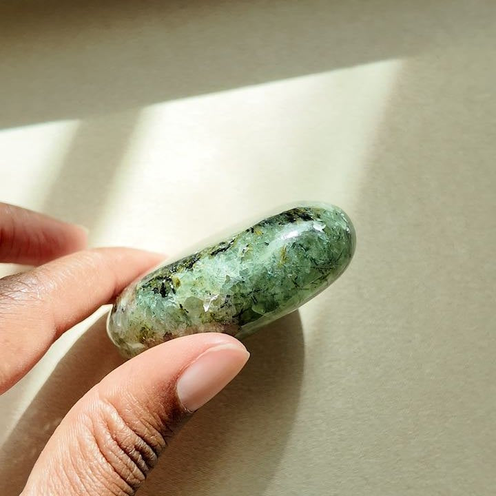 CLEAR fuchsite kyanite held in hand