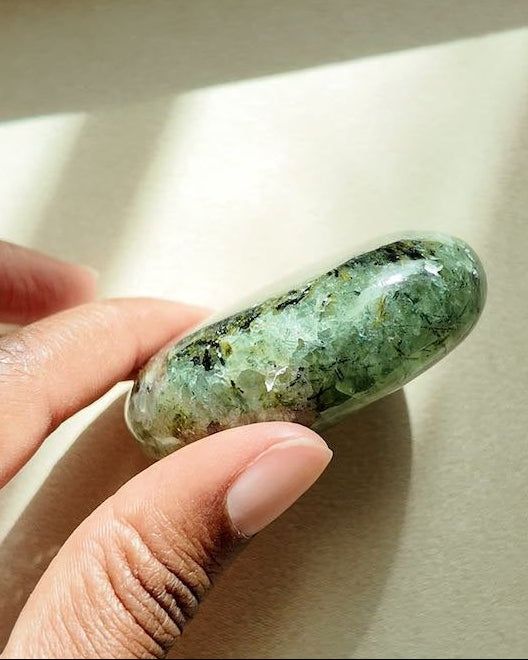 CLEAR fuchsite kyanite held in hand