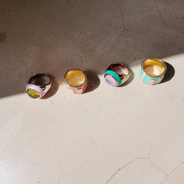 Bubblegum Enamel Ring with Cabochon Olive Quartz in Rhodium