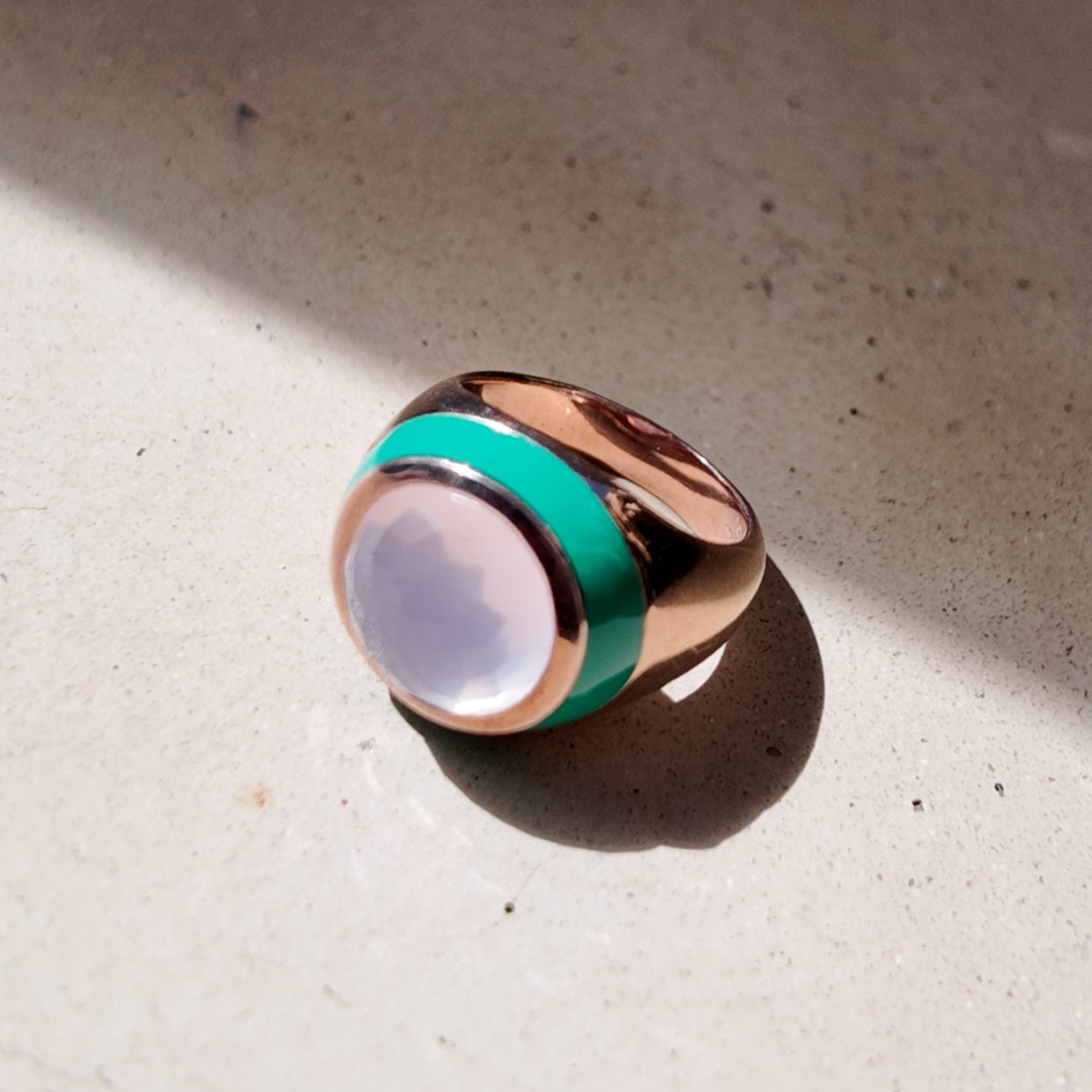 Sea of Roses Enamel Ring | Cabochon Rose Quartz, Rose Gold