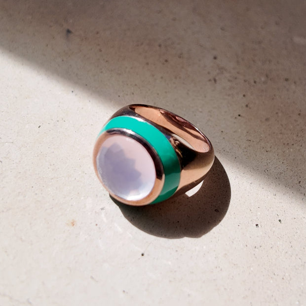 Sea of Roses Enamel Ring with Cabochon Rose Quartz in Rose Gold