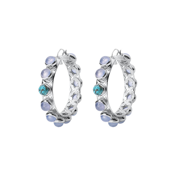 Shari Hoops White Rhodium with Chalcedony and Turquoise