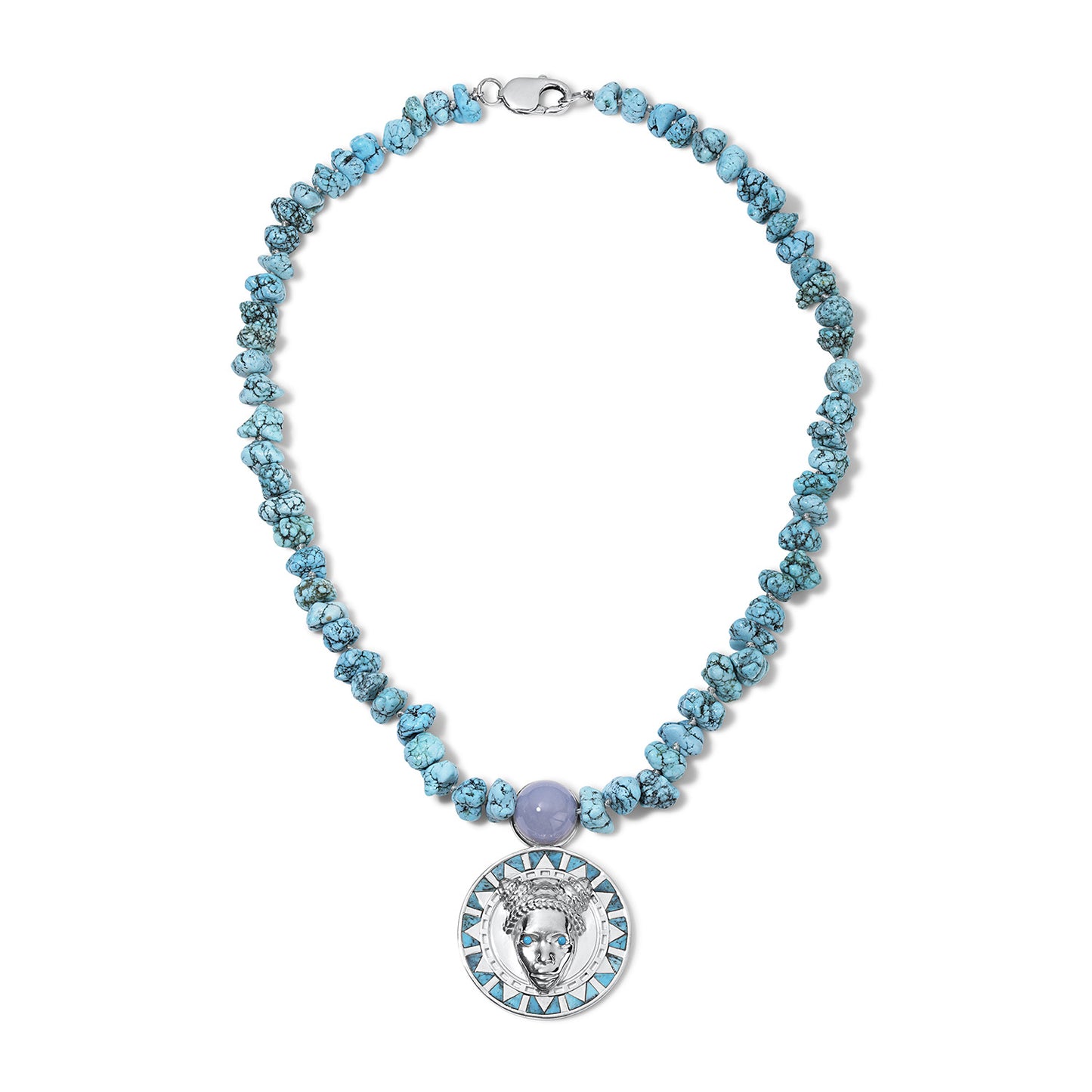 Reava Full Pendant | Goddess Mask, Turquoise & Chalcedony