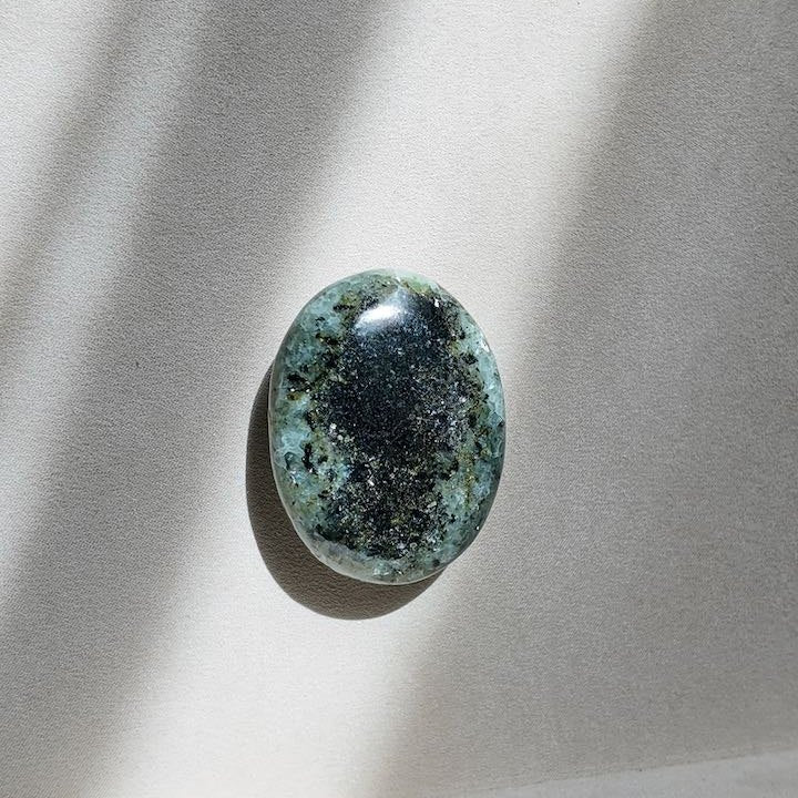 MEND prehnite with epidote, sage green with dark veining