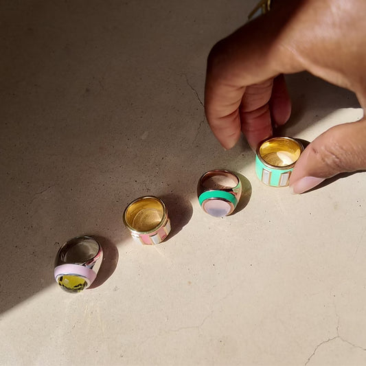 Bubblegum Enamel Ring | Cabochon Olive Quartz, Rhodium