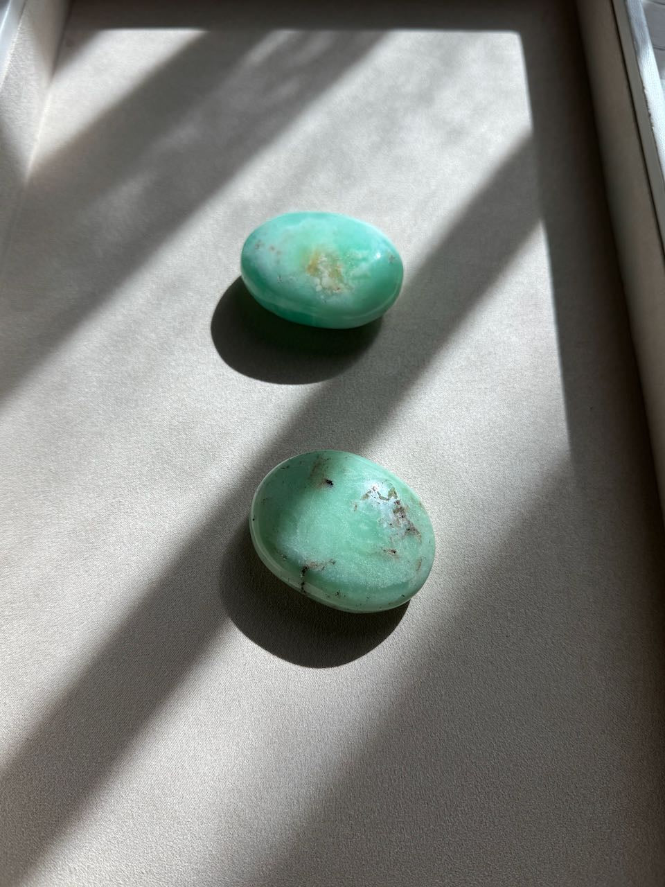 Chrysoprase palm stones, spring-green with soft mottling, in raking window light