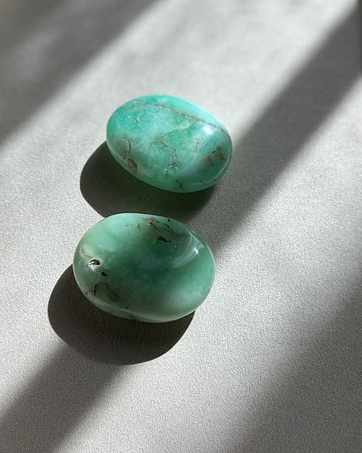 STEADY chrysoprase palm stones on cream tray