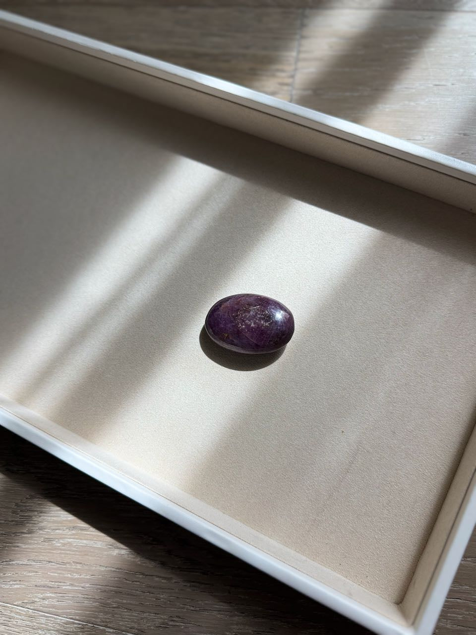 Ruby palm stone photographed against a pale ground