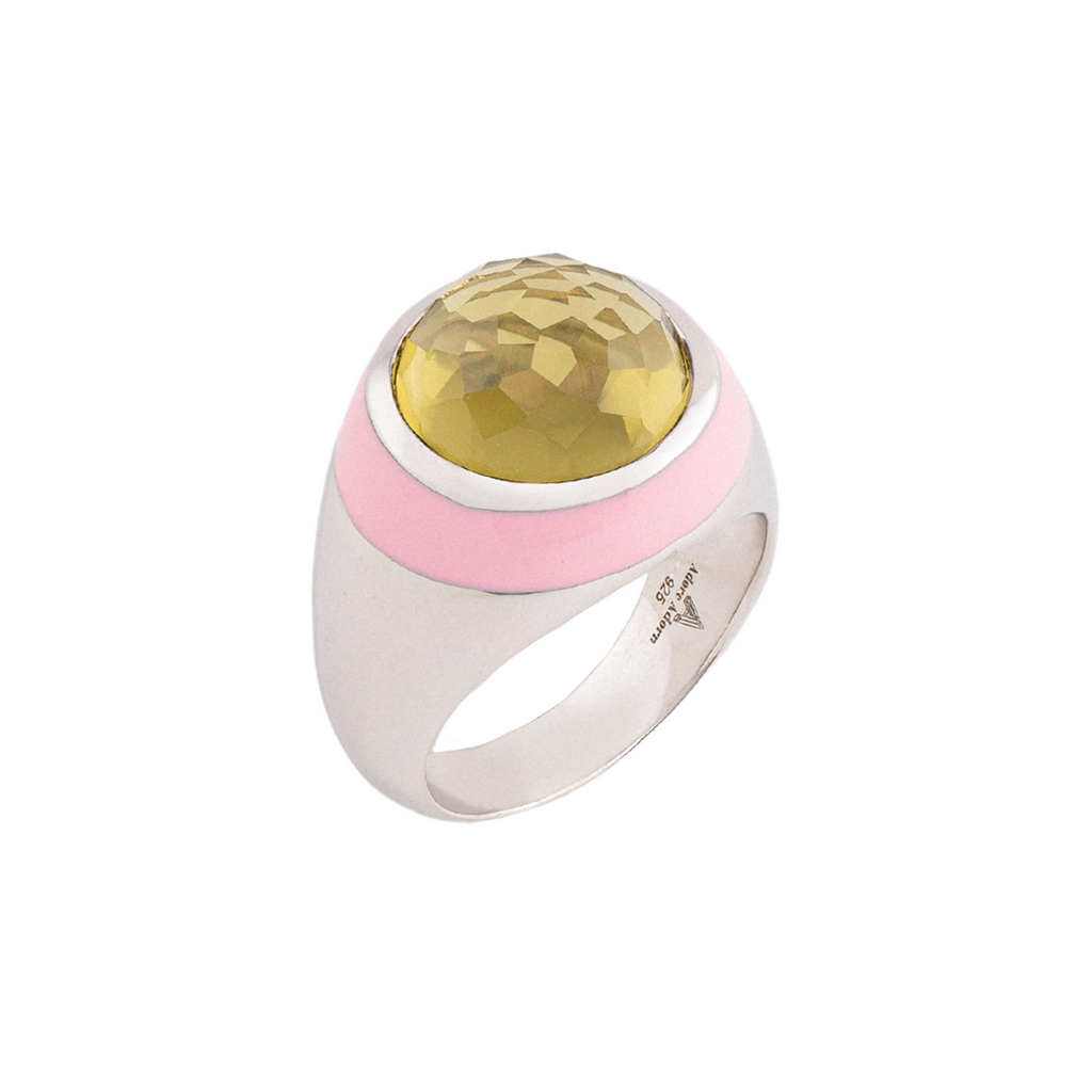 Bubblegum Enamel Ring with Cabochon Olive Quartz in Rhodium