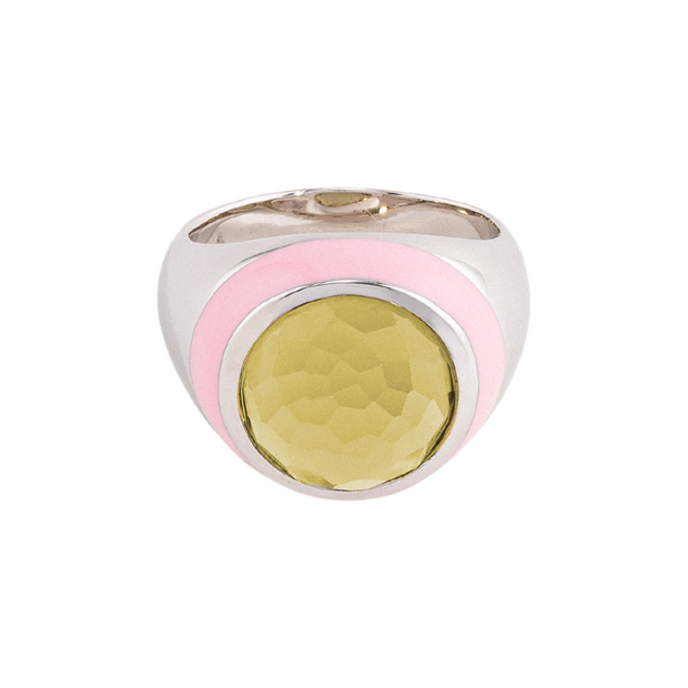 Bubblegum Enamel Ring with Cabochon Olive Quartz in Rhodium