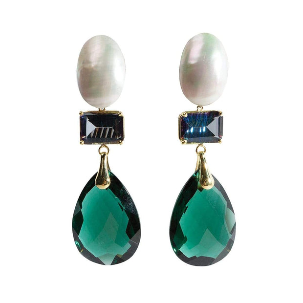 3-Drop Earring w/ Mother of Pearl + Green Quartz + Mystic Topaz