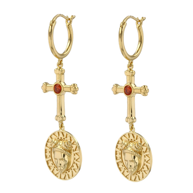 Faces Earrings with Red Garnet in 14K Gold