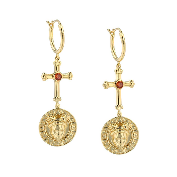 Faces Earrings with Red Garnet in 14K Gold