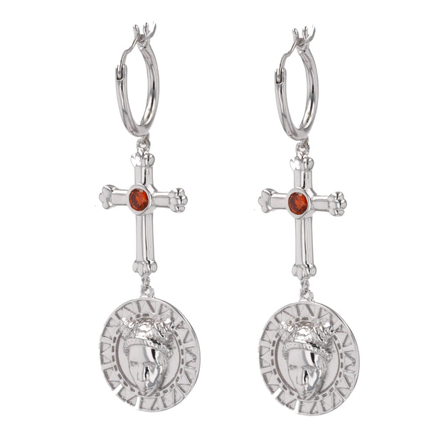 Faces Earrings with Red Garnet in Rhodium