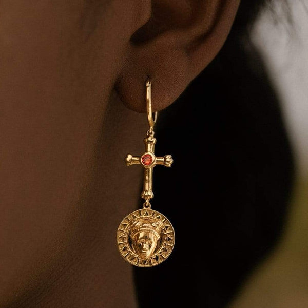 Adore Adorn Earrings Faces Earrings with Red Garnet in 14K Gold