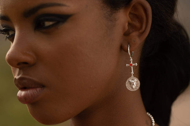 Adore Adorn Earrings Faces Earrings with Red Garnet in Rhodium