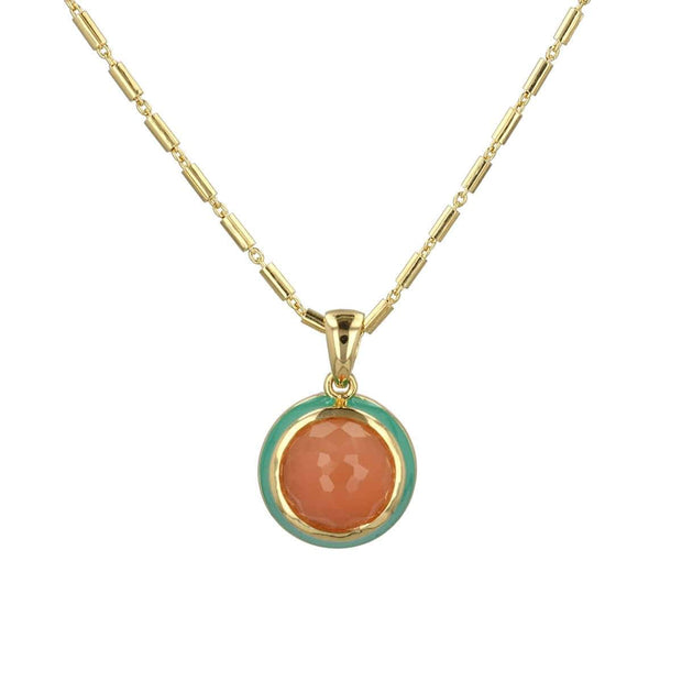 Peach Enamel Necklace with Moonstone Cabochon in Gold